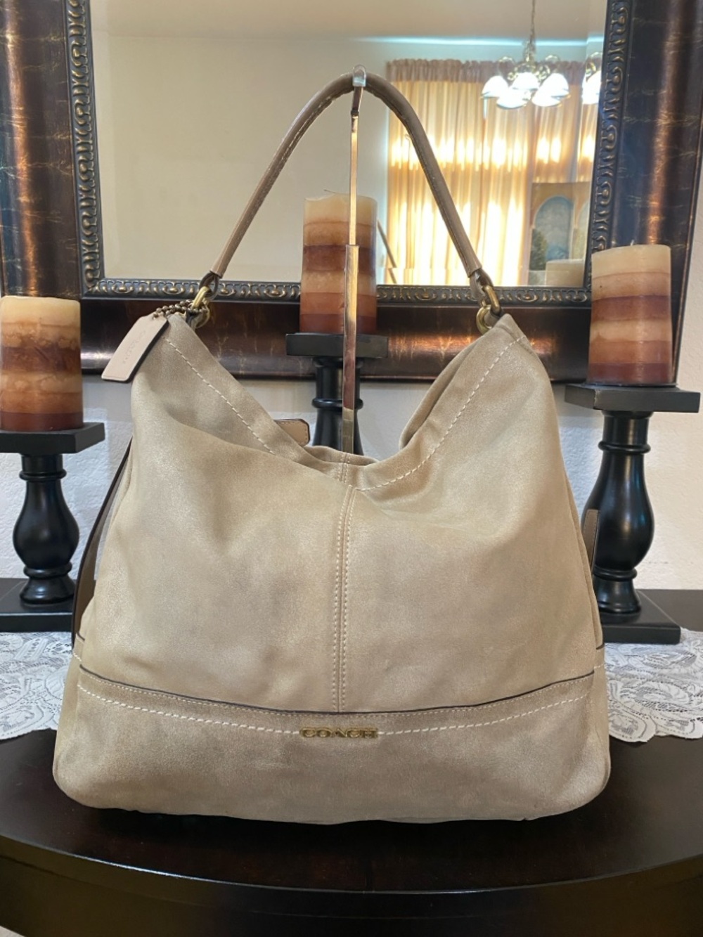 Coach Park Suede Hobo Shoulder Bag, Shimmering Sand Beige, Slouchy, Crossbody